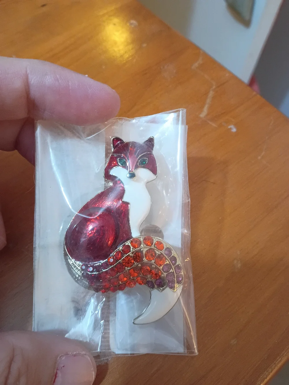 Red and White Fox Pin with Orange and Purple Crystal Tail - Unbranded